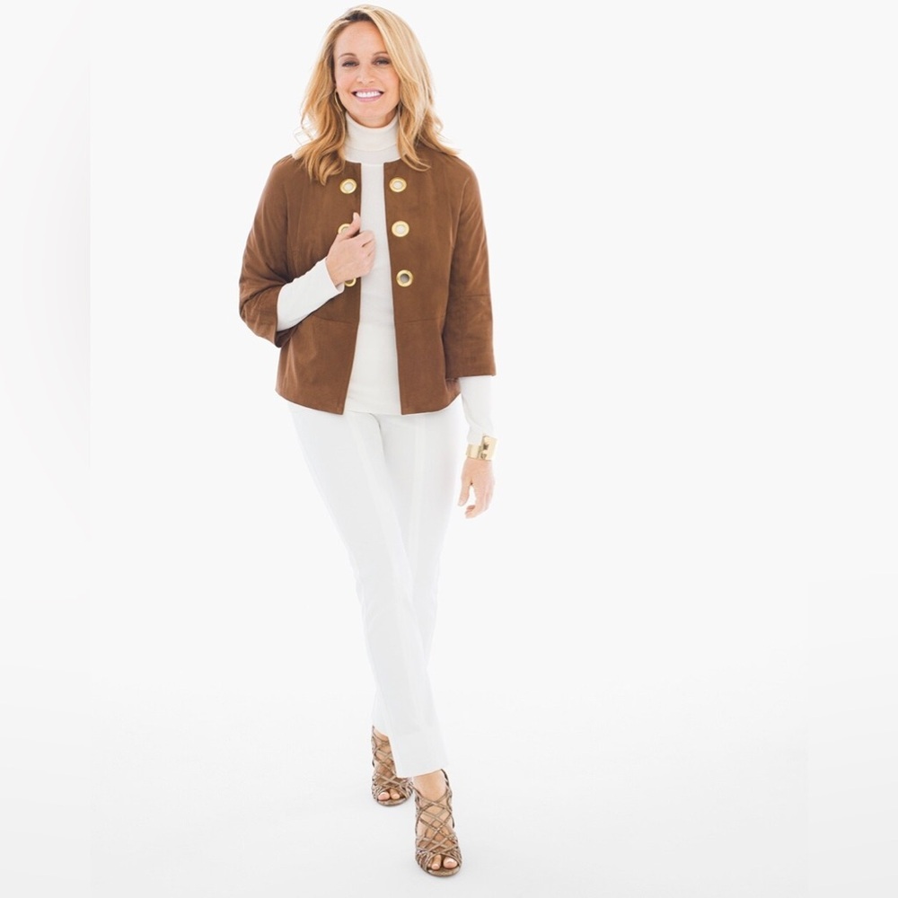 Chicos Brown Faux Leather Grommet Detail Jacket Large Casual Neutral Minimalist‎ - Picture 2 of 9